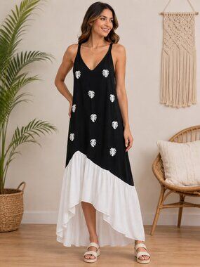 Zinzane Black & White Tropical Leaf High Low Midi Dress Size M Brazil